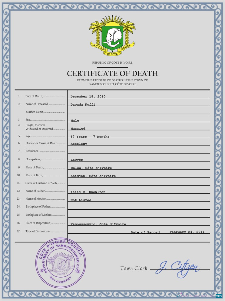 Download Côte d’Ivoire vital record death certificate PSD template Photoshop template